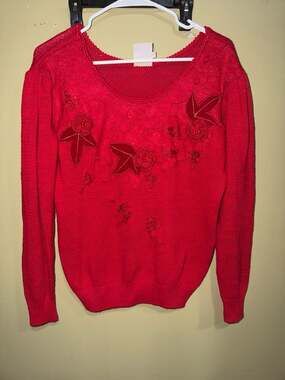 Vintage Beldoch Popper Red Ramie  Beaded & Appliqued Floral  Sweater